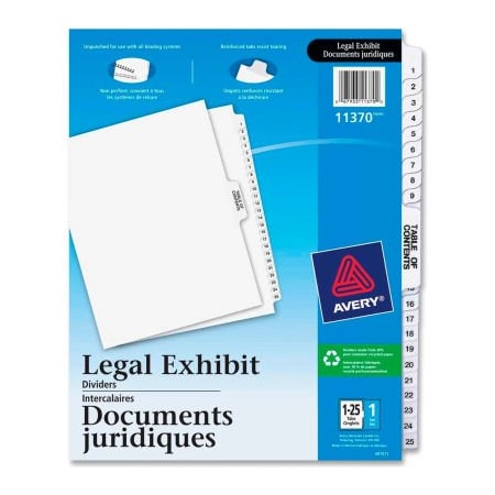 Avery Dennison Avery Premium Collated Legal Exhibit Divider, Printed 1 to 25, 8.5"x11", 26 Tabs, White/White 11370